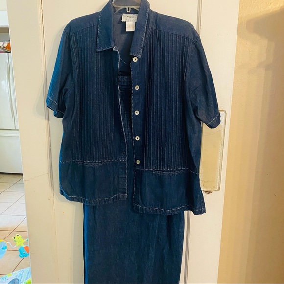 WOMENS COUNTRYWEAR CASUALS DENIM DRESS AND BLOUSE SET SIZE LARGE vintage Retro - Picture 1 of 14